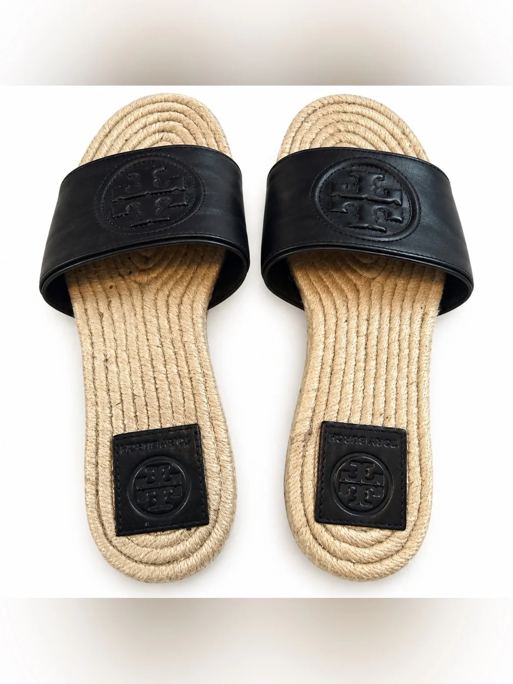 Tory Burch Black Leather Slide Sandals with Natural Rope Footbed